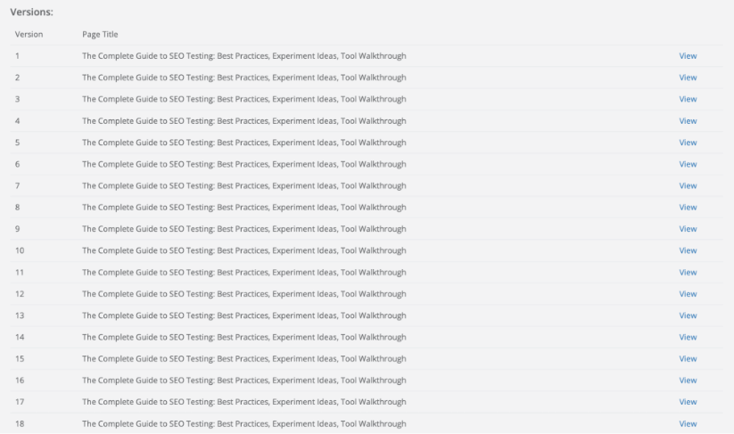 List showing eighteen versions of a page titled The Complete Guide to SEO Testing including best practices and walkthroughs.
