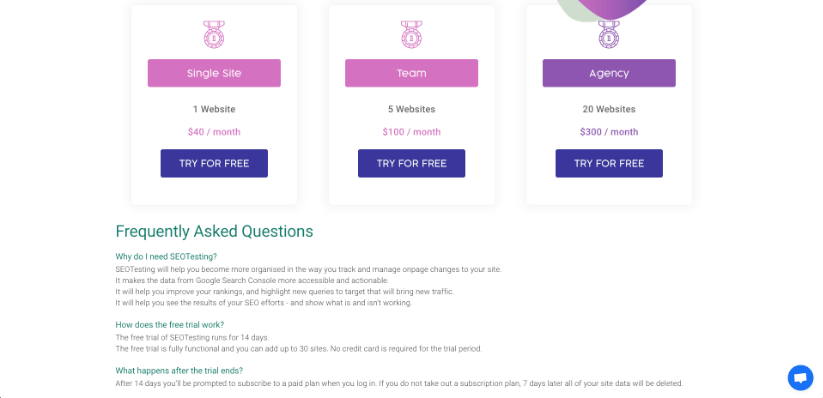 Updated pricing plans for SEO testing service with three tiers Single Site, Team, and Agency with free trial offers.