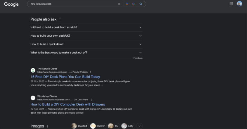 A Google search results page showing various resources for building a desk.