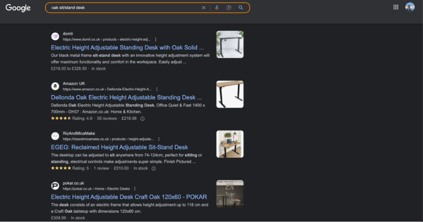 Google search results for oak sit-stand desks with various models and prices listed.