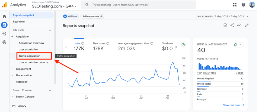 Google Analytics 4 reports snapshot with traffic acquisition option highlighted in the side navigation.