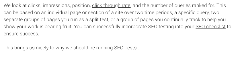 Example of internal links on SEOTesting's blog.