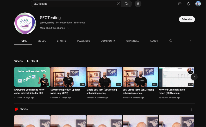 SEOTesting's YouTube channel.