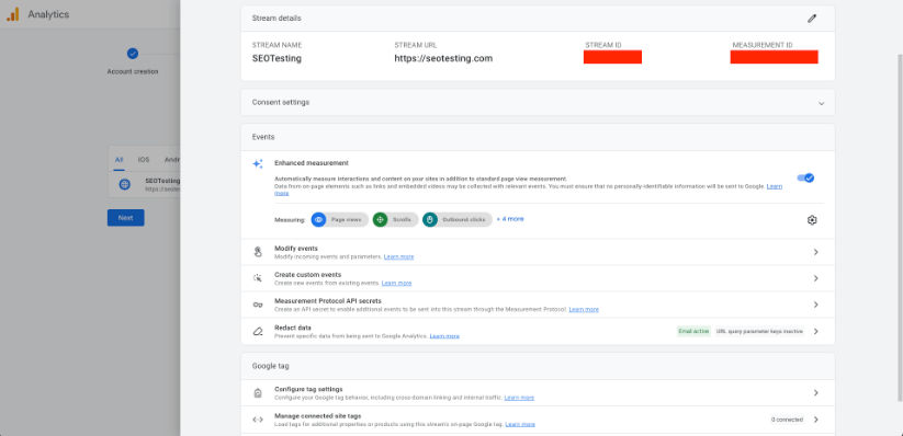 Data stream details in Google Analytics showing stream name, URL, ID, measurement ID, and event tracking options.