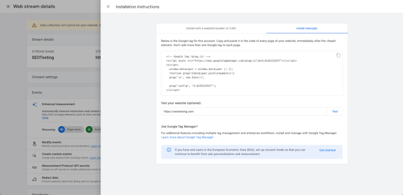 Manual installation tab in Google Analytics with code snippet for tagging and instructions for website testing.