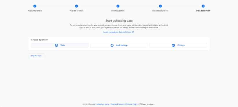 Start collecting data section in Google Analytics setup with platform choices for Web, Android app, and iOS app.