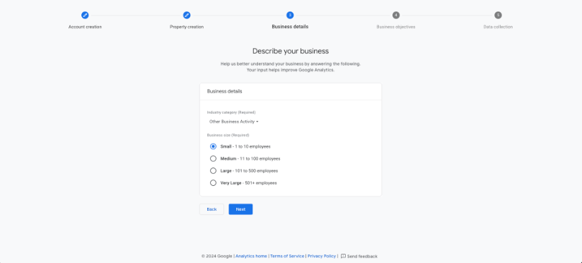 Business details section in Google Analytics setup asking for industry category and business size.