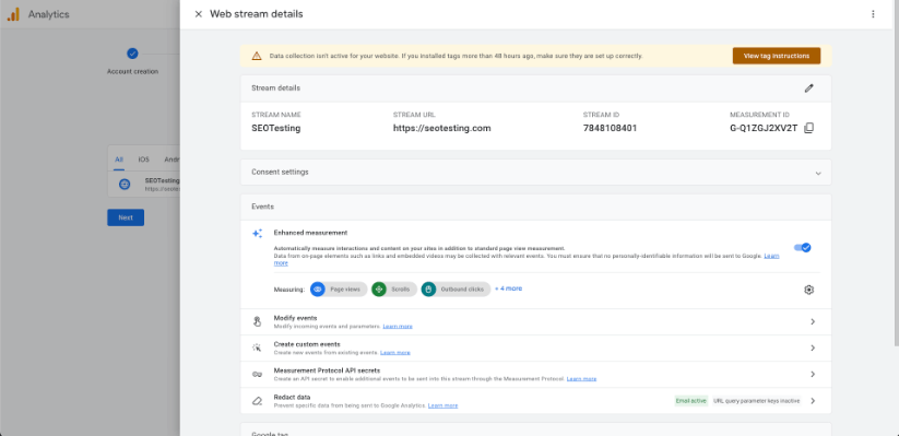 Web stream details interface in Google Analytics with fields for stream name, URL, Stream ID, and Measurement ID.