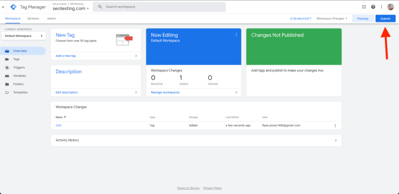 Screenshot of Google Tag Manager interface highlighting the submit button