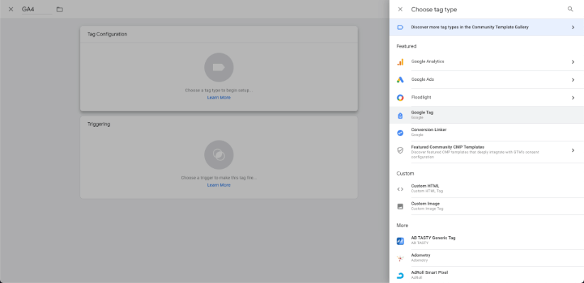Tag type selection panel in Google Tag Manager including featured and custom tags for configuration.