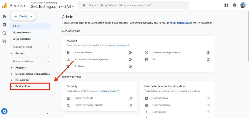 Google Analytics 4 admin page with a red arrow pointing to the Product Links option under Property settings.