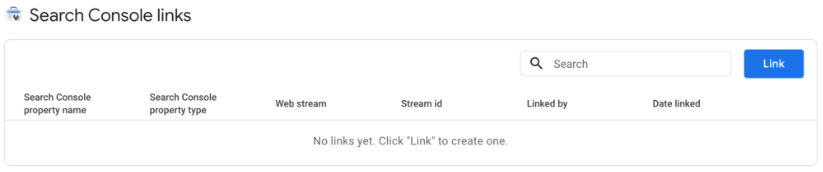 Google Analytics 4 Search Console links set up page showing no links yet with a blue Link button.