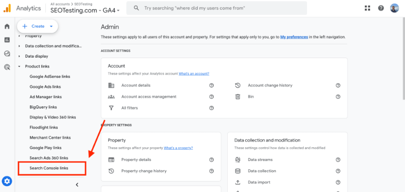 Google Analytics 4 admin page with a red arrow pointing to the Search Console links option under Product links.