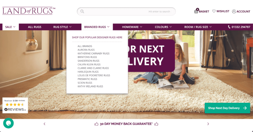 A screenshot of the Land of Rugs online store homepage.