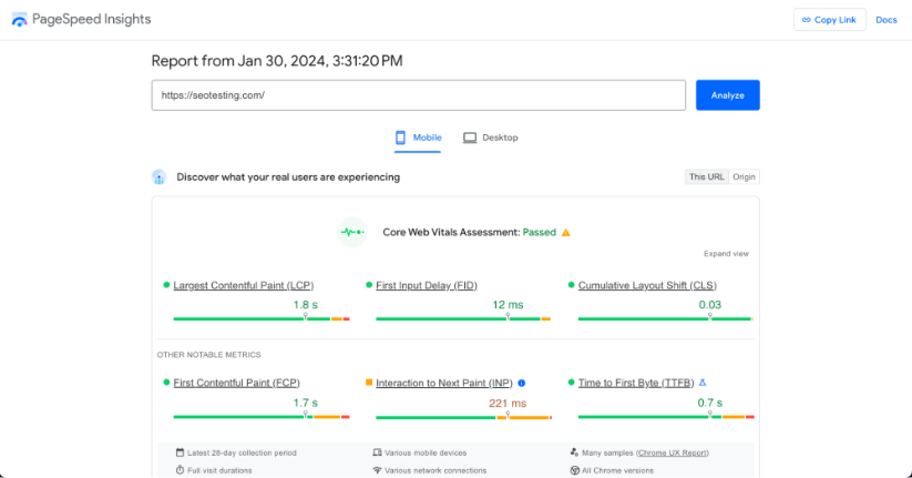 PageSpeed Insights report for seotesting.com showing Core Web Vitals assessment passed and performance metrics.