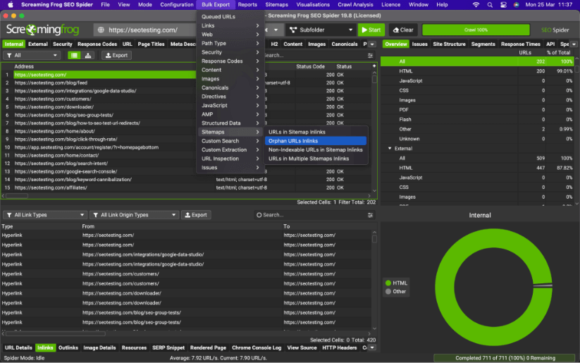 Screaming Frog SEO Spider export of the Orphan URLs found in the crawl analysis