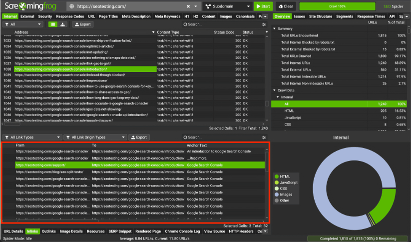 Screaming Frog SEO Spider highlighting inlinks with anchor text for Google Search Console introduction.