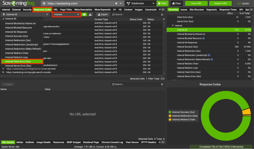 Highlighted internal client error 4xx in Screaming Frog SEO Spider audit.