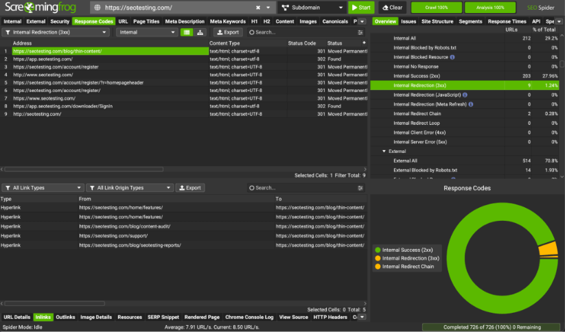 Screaming Frog SEO Spider results highlighting 301 moved permanently response for internal URLs.