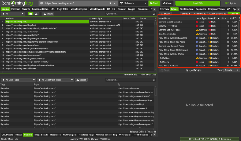 Screaming Frog SEO Spider dashboard showing issues and warnings in crawl overview.