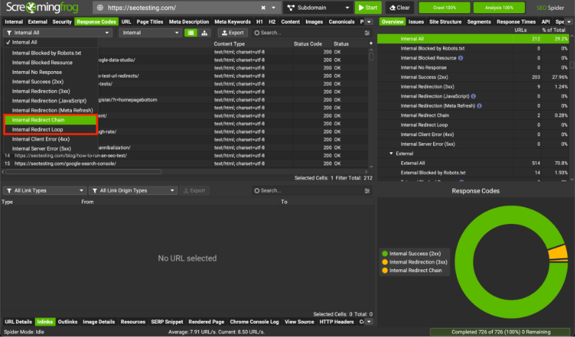 Screaming Frog SEO Spider report showing internal redirect chains and loops.