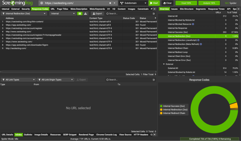 Screaming Frog SEO Spider showing internal redirections.