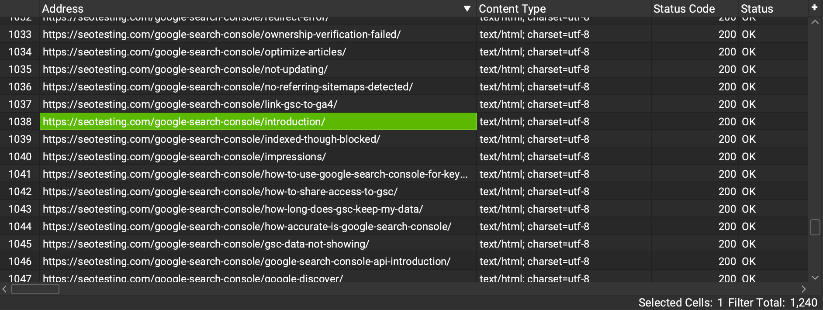 List of URLs from Screaming Frog SEO Spider with Google Search Console introduction selected to optimize.