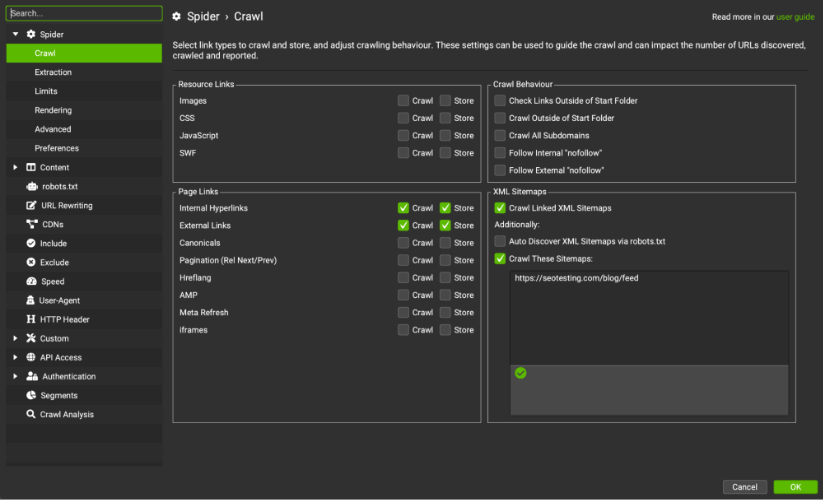 Screaming Frog SEO Spider crawl settings with focus on XML Sitemaps and orphan pages.