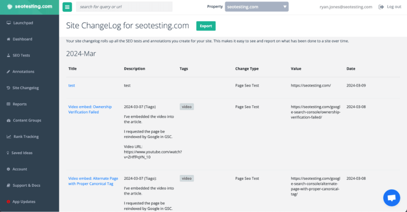 Site changelog interface on seotesting.com displaying SEO tests and annotations for a website.