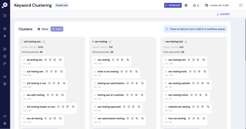 Keyword Clustering tool showing clusters related to SEO testing with volume and keyword count details in a card layout.