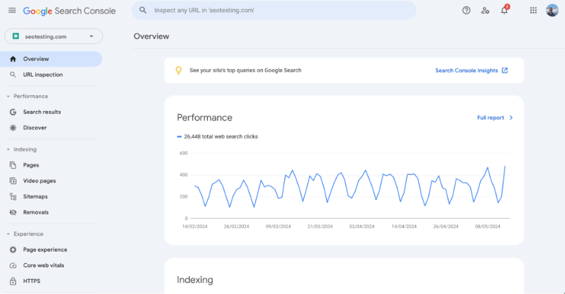 Google Search Console overview showing performance metrics for seotesting.com with 26,448 total web search clicks.