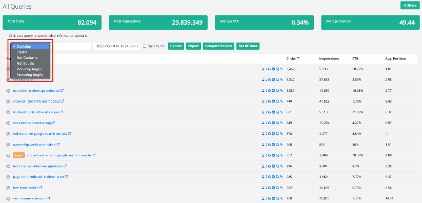 All queries report in SEOtesting.com with filter menu options displayed.