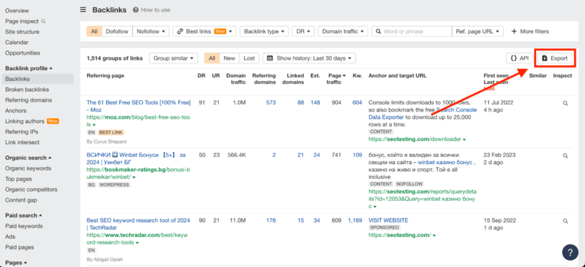 Ahrefs SEO tool showing backlink report page with export button highlighted in red