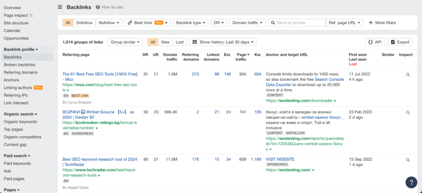 Ahrefs backlink report interface showing various SEO metrics and export feature