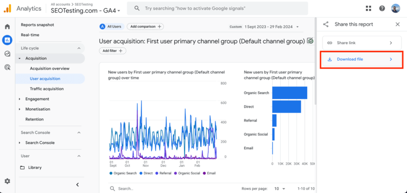 Google Analytics 4 dashboard on SEOTesting with user acquisition graph and highlighted download file button