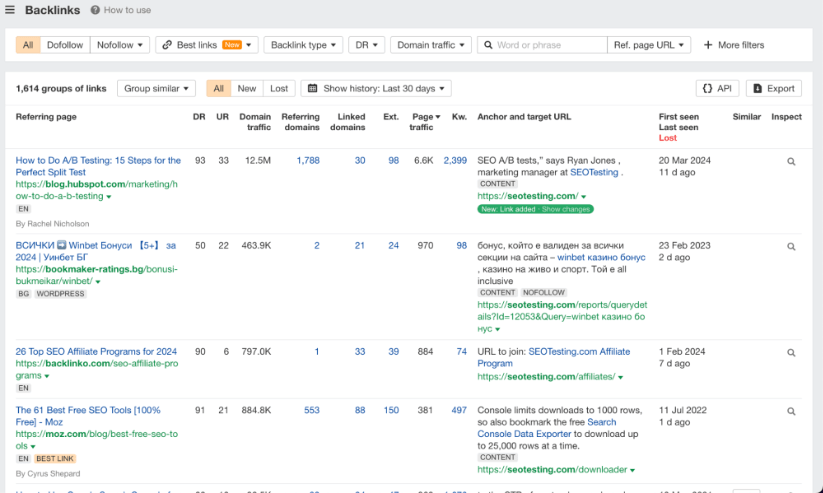 SEO backlink report listing top referring pages with domain ratings and traffic data.