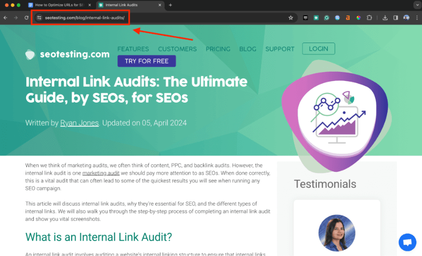 A screenshot showing the URL bar of the browser for an SEOTesting article.