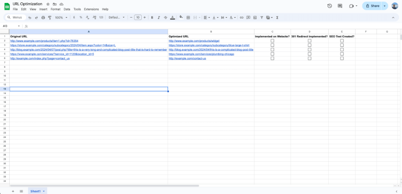 Spreadsheet comparing original and optimized URLs for SEO purposes.