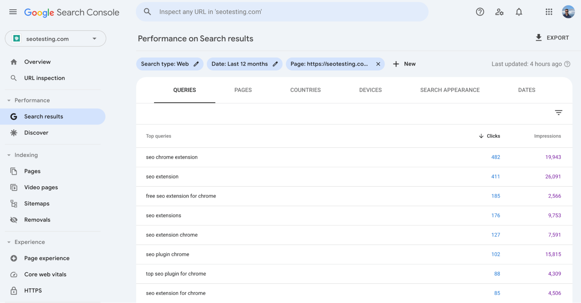 Google Search Console showing filtered search results queries for a URL for the last 12 months with clicks and impressions.