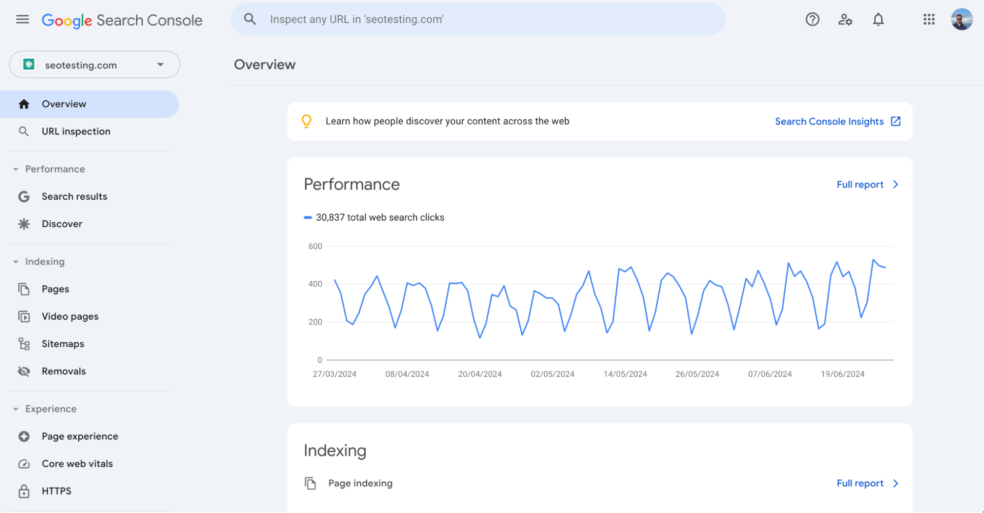 Google Search Console overview showing total web search clicks, performance graph, and indexing status.