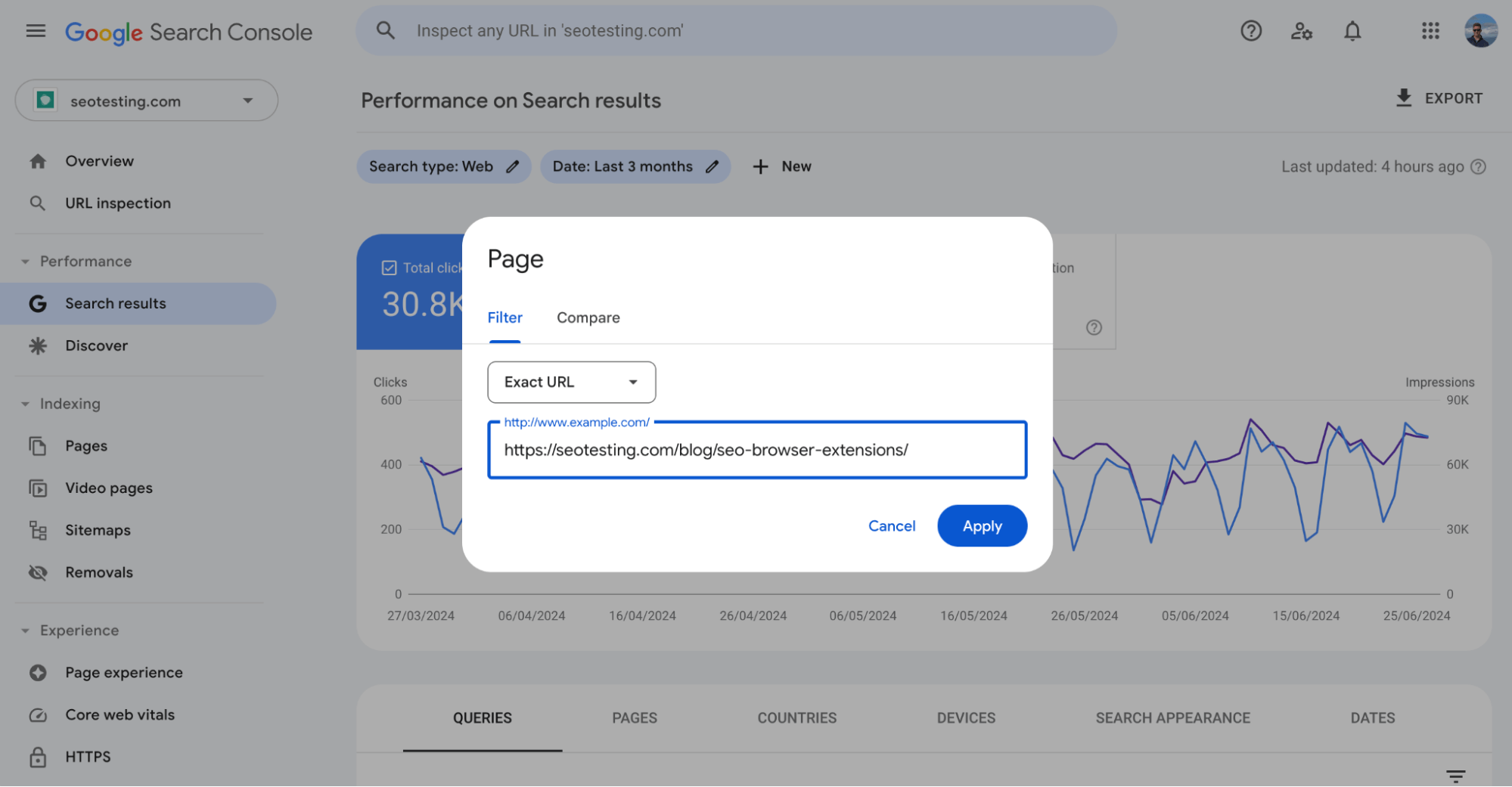 Google Search Console filtering by exact URL on SEOTesting website.