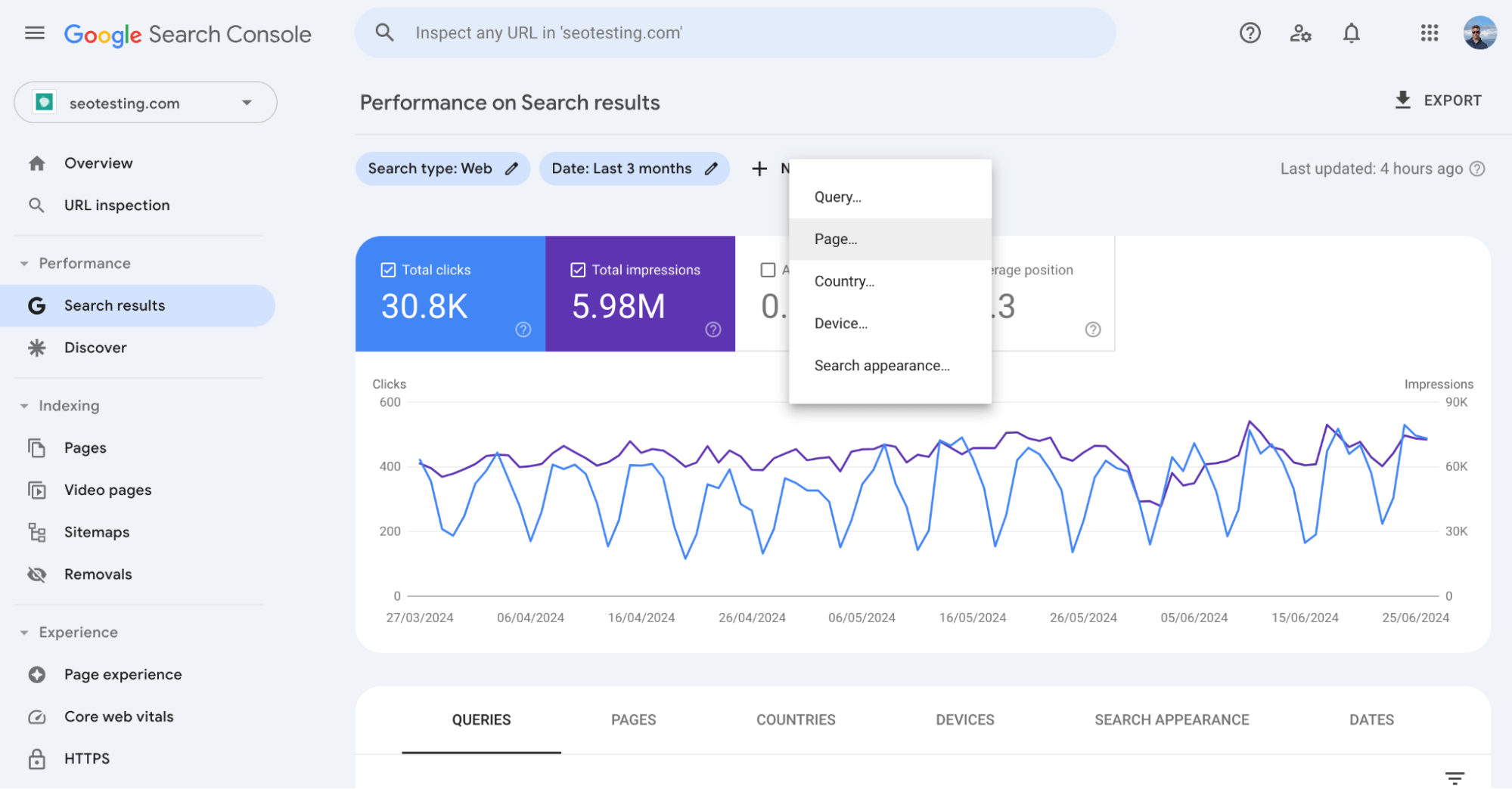 Google Search Console showing search results with a filter menu open, displaying options to filter by query, page, country, device, and search appearance.