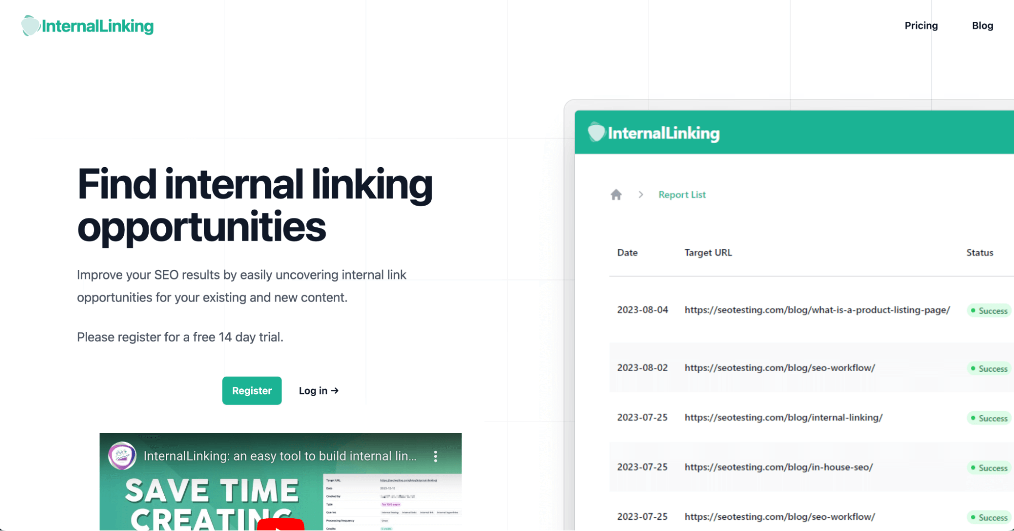 InternalLinking app homepage with a title 'Find internal linking opportunities' and a report list showing successful target URLs.