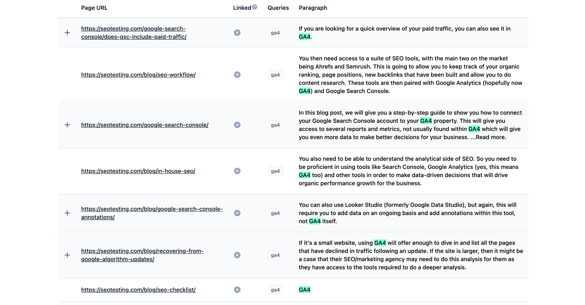 InternalLinking report showing page URLs with linked queries and corresponding paragraphs.