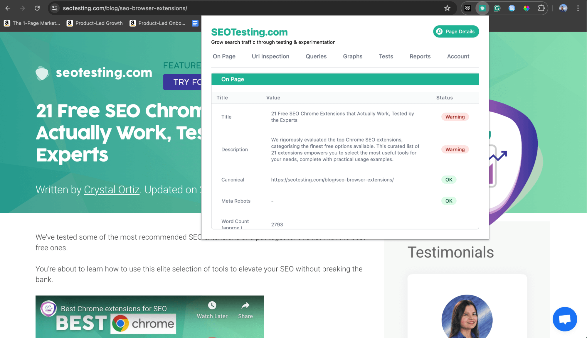 SEOTesting.com blog page titled 21 Free SEO Chrome Extensions that Actually Work, Tested by the Experts with page details panel open.