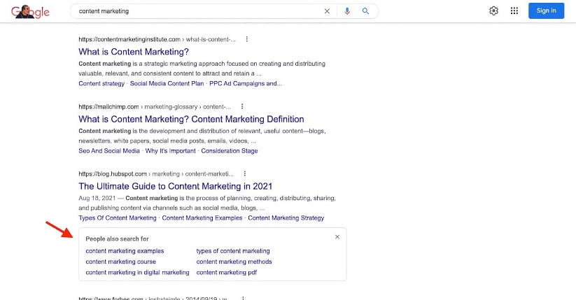 Google search results for content marketing showing related search suggestions