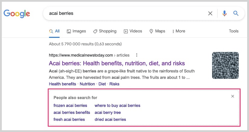 Google search results page for acai berries with a link to an article about health benefits, nutrition, and related searches.