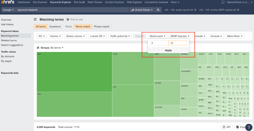 Using ahrefs filter to find keywords between 5 and 10 words.