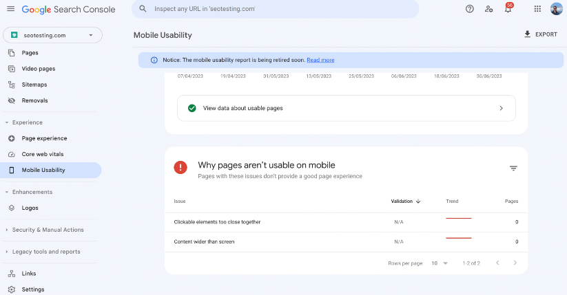 Section on the Mobile Usability score