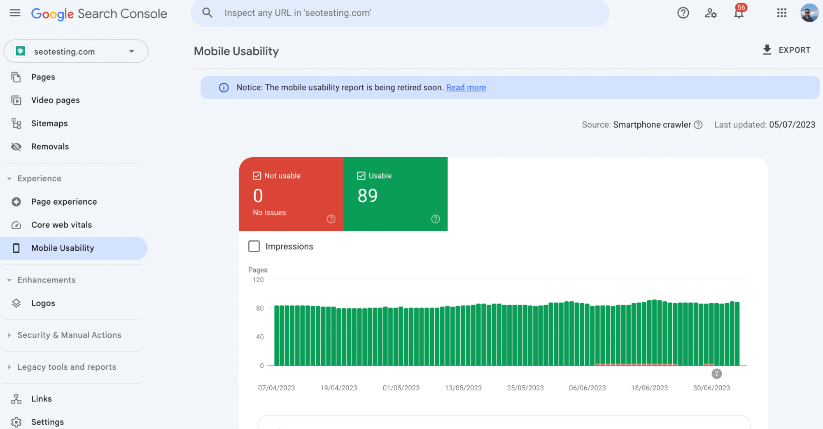 Mobile usability report on Google Search Console.